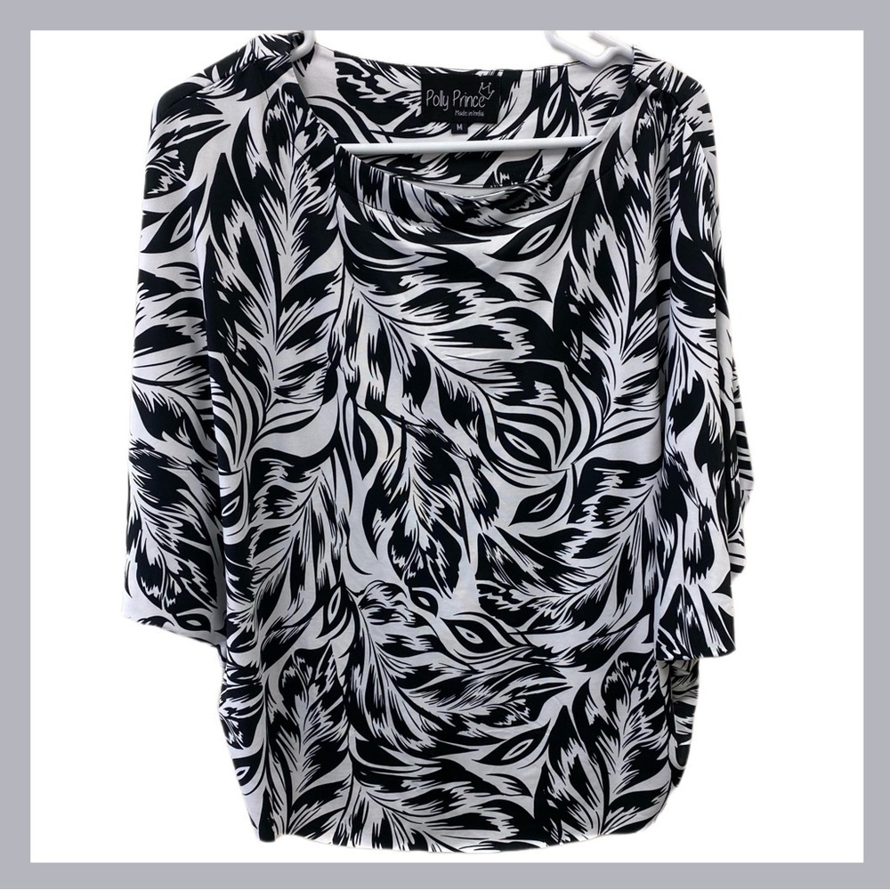 POLLY PRINCE SIZE MEDIUM BLACK AND WHITE SHIRT 3/4 LENGTH SLEEVE